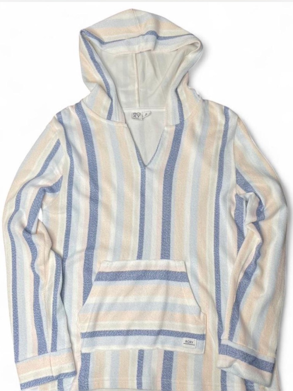 Roxy Striped V-Neck Hoodie Sweater in Cream, Blue & Tan